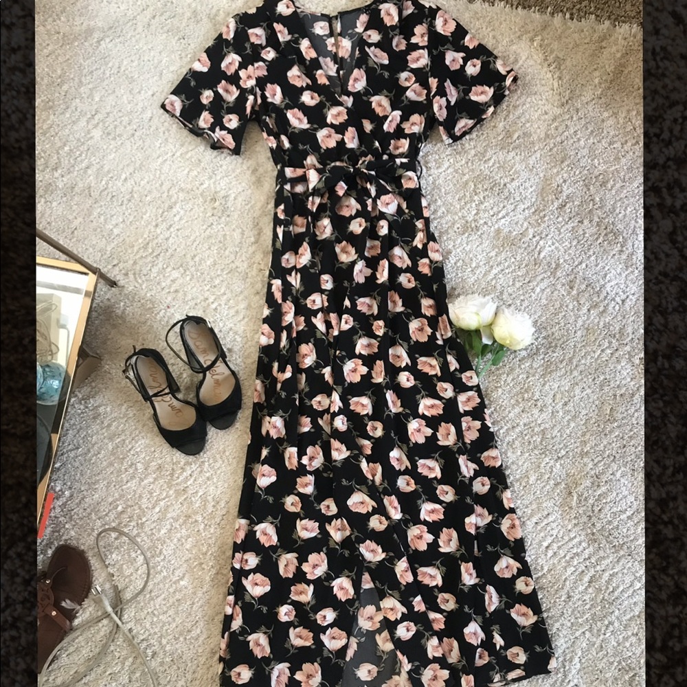 Black floral dress with slit up the middle and tie